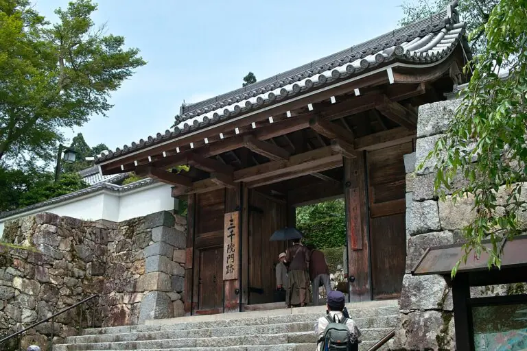 Visitors on the stone steps of Sanzen-in's Goten-mon gate in Ōhara